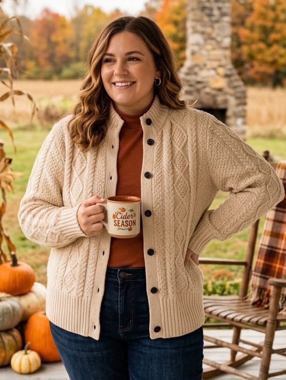 L.L.Bean Signature Beige Chunky Knit Sweater Cardigan Womens 2x Petite Fall Cozy